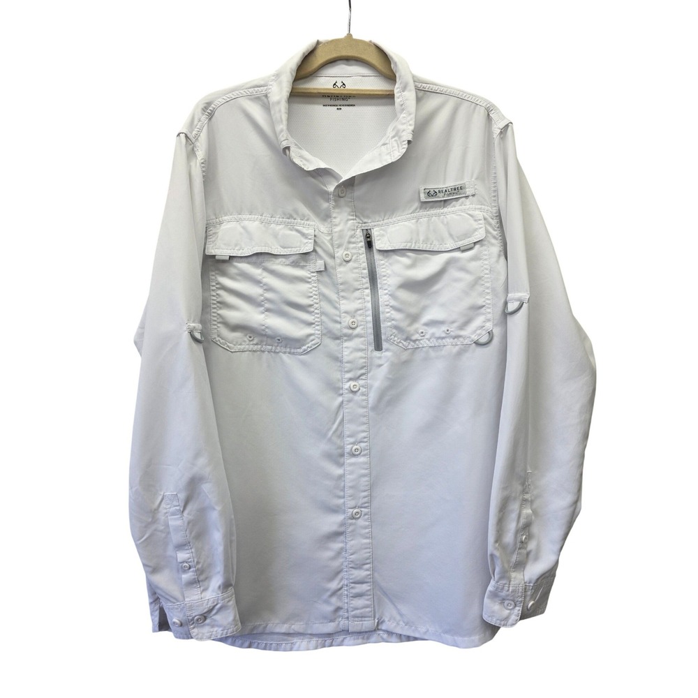 Realtree Fishing Mens White Long Sleeve Button Down Performance Shirt Size M